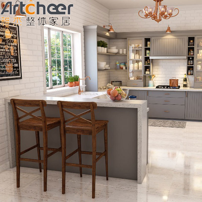 comprar Armarios de cocina modernos de color crema con carcasa de madera contrachapada y encimera de superficie sólida fabricación en línea
