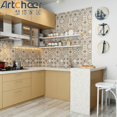 comprar Cabinet de cocina de diseño móvil de alta gama en forma de U con parte superior de piedra de mármol y acabado brillante fabricación en línea
