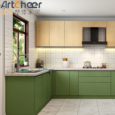 comprar Armario de cocina en forma de U en forma de color verde Armarios de base en forma de L con tapa de piedra de mármol fabricación en línea