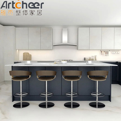 comprar Gabinete de cocina personalizado de color gris y azul con diseño en forma de L para cocina moderna de Foshan fabricación en línea