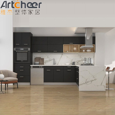 comprar Diseño minimalista gabinetes de cocina de madera sólida gris con tapa de piedra de cuarzo importada fabricación en línea