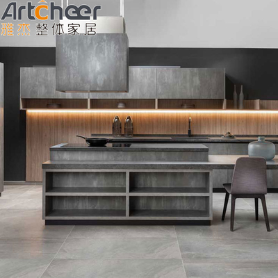 comprar Material de grado E0 gabinetes de cocina con aspecto de mármol gris oscuro acabado y mesa de isla fabricación en línea