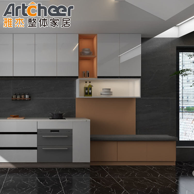 comprar El armario de cocina de acabado de laca de alto brillo con armario alto completo y mesa de isla fabricación en línea