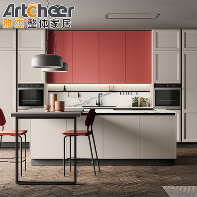 comprar Armarios de cocina de diseño escandinavo clásico con panel ENF rosa y mesa de isla pequeña fabricación en línea