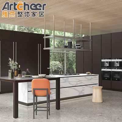 comprar Gabinete de cocina de acero inoxidable moderno y elegante en MDF blanco con backsplash e isla fabricación en línea