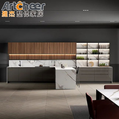 comprar Muebles de cocina modernos Grisa Melamina Set de gabinete en forma de L con armario de la despensa fabricación en línea