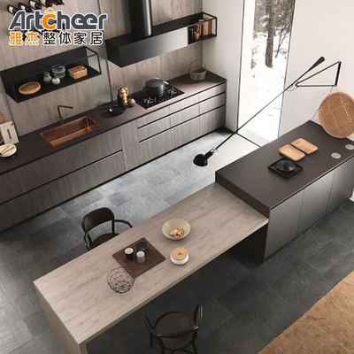 comprar Armarios de cocina de aluminio de color personalizado con encimera plana y mesa de comedor fabricación en línea