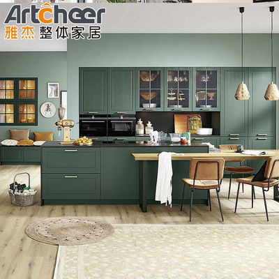 Cabinet de cocina verde y rojo Islas con asientos Diseño moderno de muebles de cocina de madera